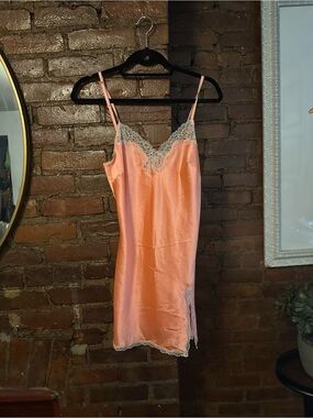 Victoria's Secret Peach Satin Slip with White Lace Trim
